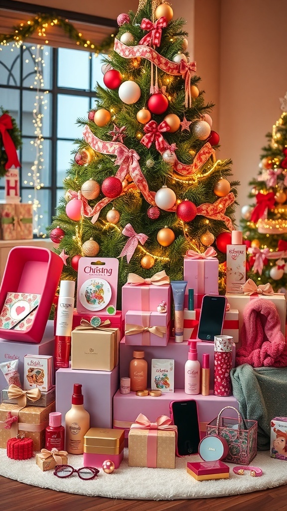 A collection of Christmas gifts for teenage girls, including clothing, beauty items, and tech gadgets, under a Christmas tree.